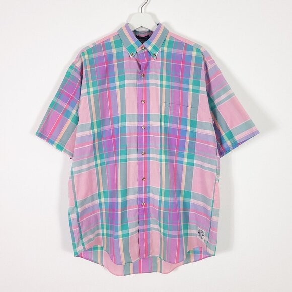 Vintage Pink Plaid Short Sleeve Button Down Shirt Made in Hong Kong - Picture 1 of 9